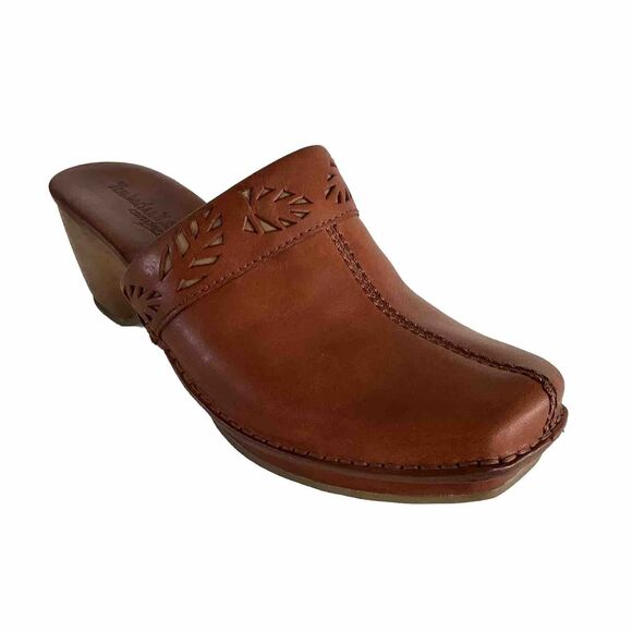 Timberland Mules Women 6M Brown Leather Square-toe Slip-on Block Heel Shoes - Picture 1 of 12